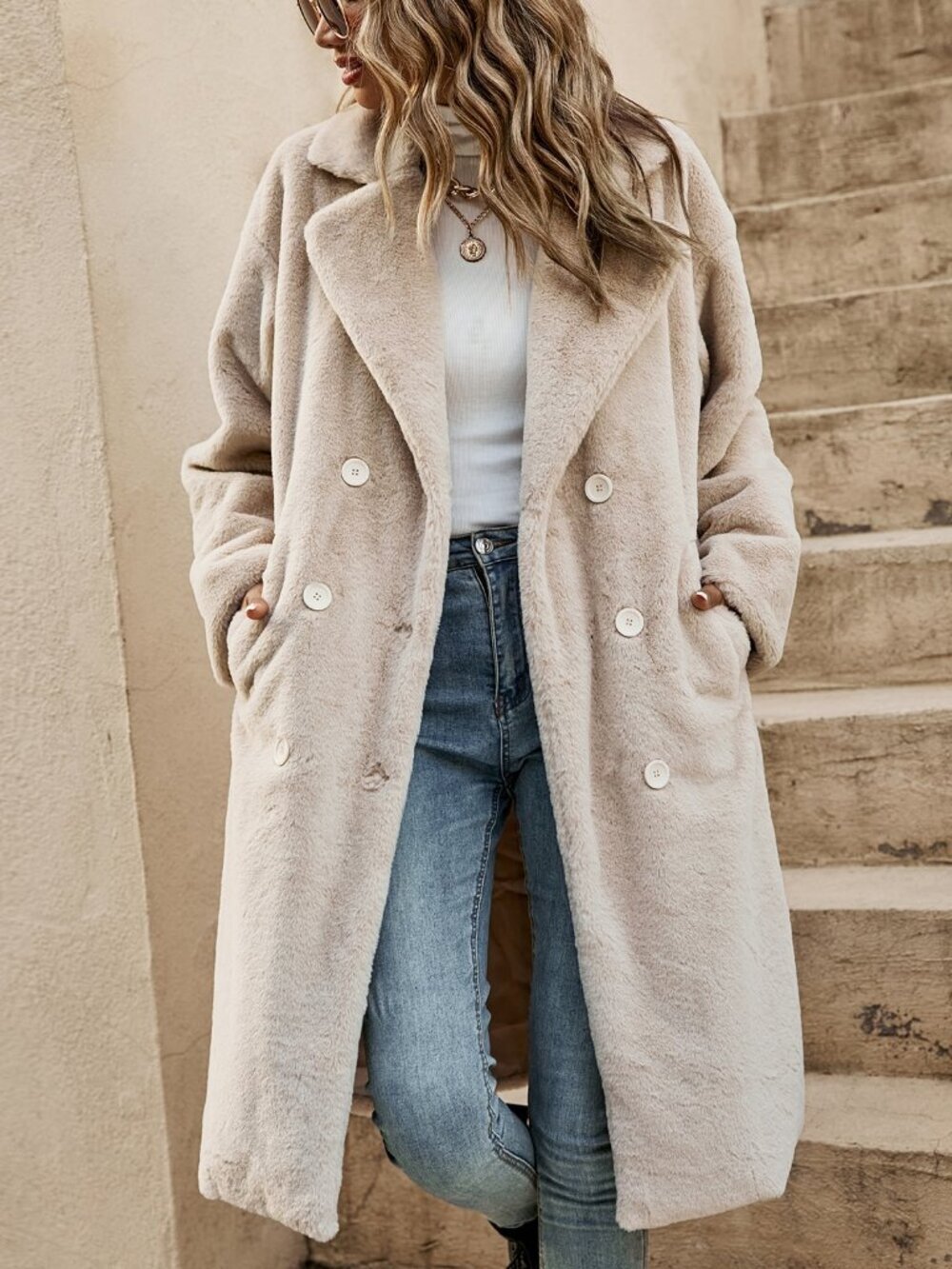 Apricot Casual Women's Drop Shoulder Double Breasted Teddy Coat